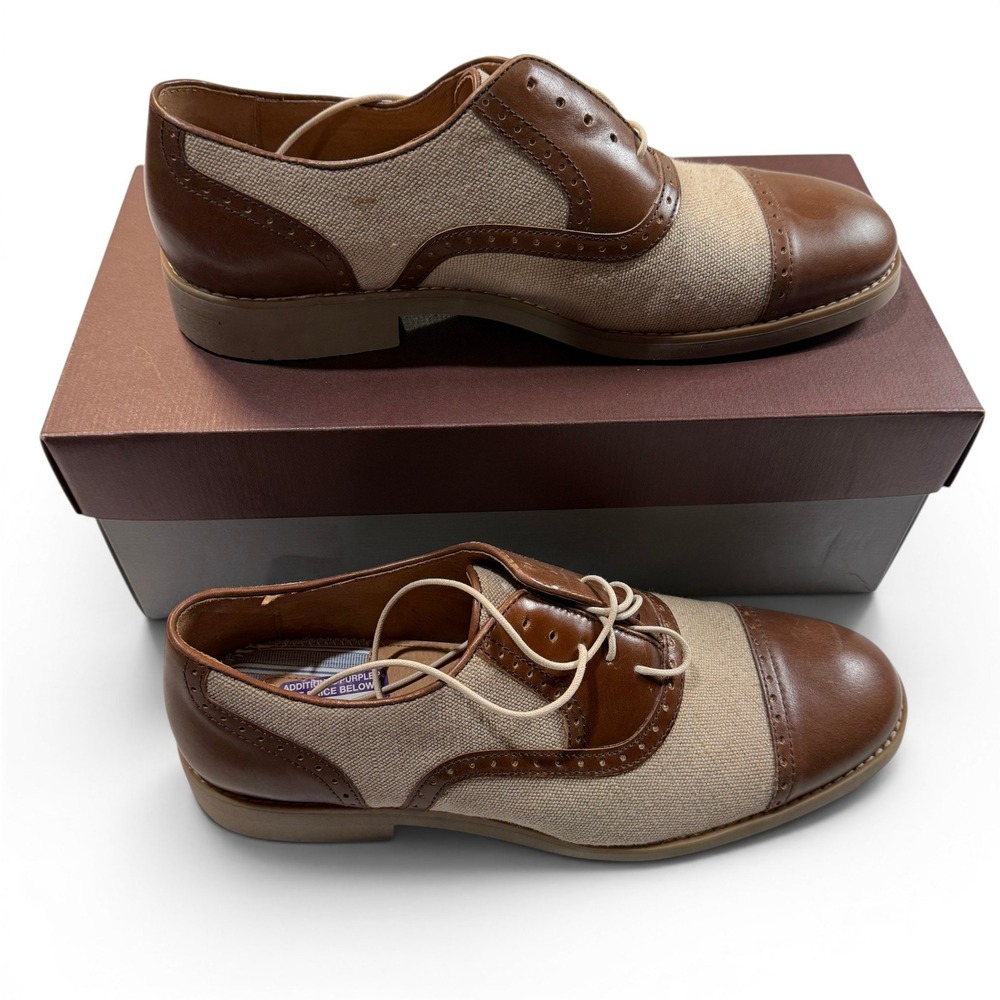 Johnston & Murphy Two Tone Cap Toe Oxford Shoes Men 9.5 M Tan Leather Canvas New